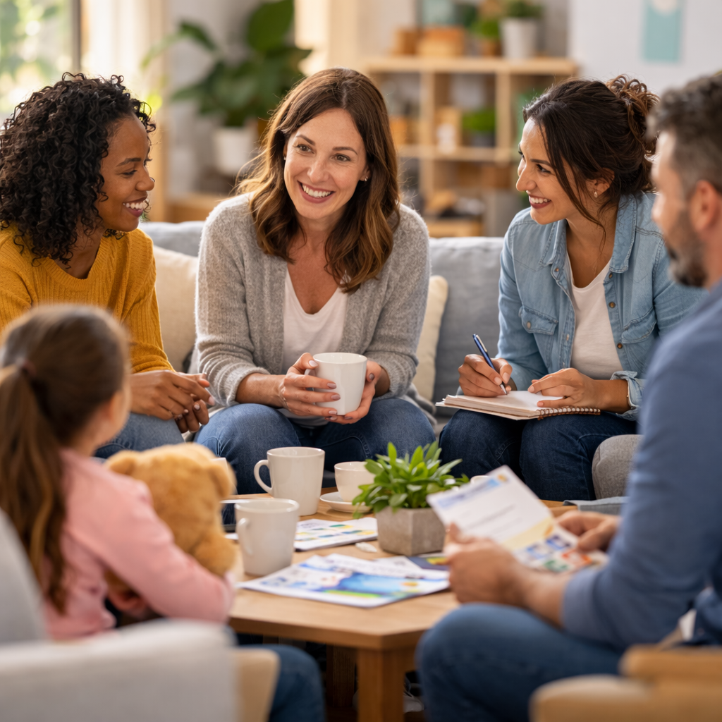 Small community support group meeting with adults talking together in a welcoming local support session