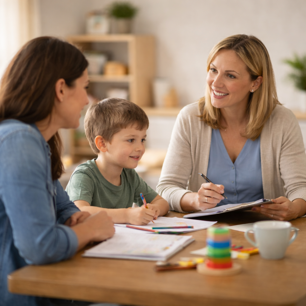 Parenting coach meeting with a mother and child at a table, discussing parenting strategies in a supportive home environment